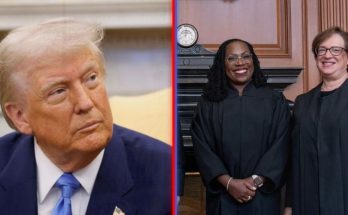 Split-screen image showing Donald Trump in a dark suit with a yellow tie on the left