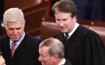 A line of law enforcement officers in riot gear with shields faces a woman holding a