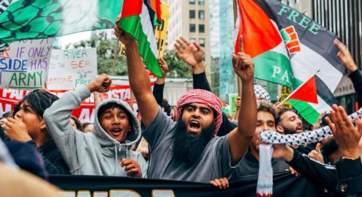 A crowd of protesters in an urban setting holding Palestinian flags and signs, with one