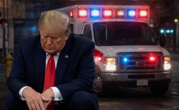 Donald Trump kneeling in a dark suit with a red tie in front of an ambulance with