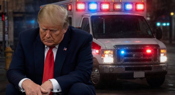 Donald Trump kneeling in a dark suit with a red tie in front of an ambulance with