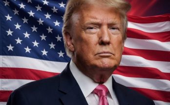 Donald Trump in a dark suit and pink tie stands in front of an American flag, with text