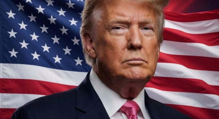 Donald Trump in a dark suit and pink tie stands in front of an American flag, with text