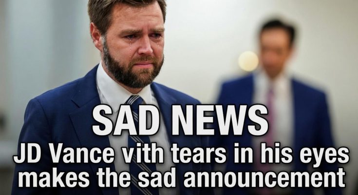 JD Vance crying with tears streaming down his face, wearing a blue suit and striped tie