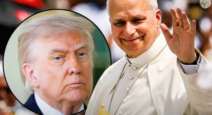 A man in white papal attire waves with his right hand while a circular inset shows