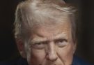 Close-up portrait of Donald Trump in a dark suit, white shirt, and red tie with an