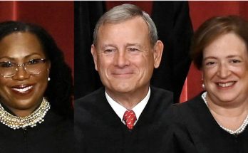 Three individuals in judicial robes side by side against a red background. Left: Black