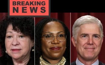 Three Supreme Court justices shown in a composite image with a breaking news banner and