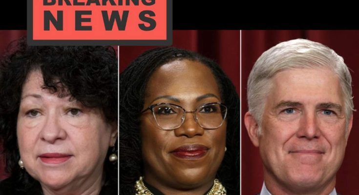 Three Supreme Court justices shown in a composite image with a breaking news banner and
