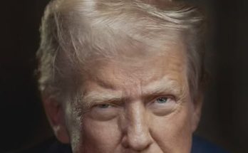Close-up portrait of Donald Trump in a dark suit, white shirt, and red tie with an