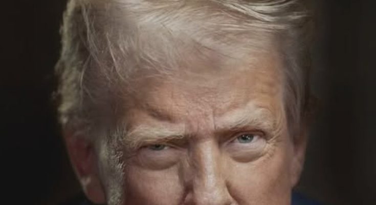 Close-up portrait of Donald Trump in a dark suit, white shirt, and red tie with an
