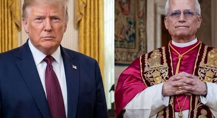 Split image showing Donald Trump in a dark suit with a red tie standing in a room with