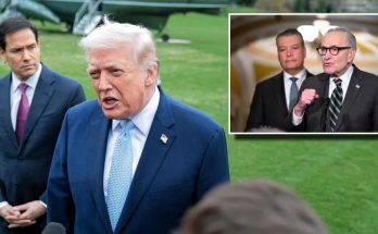 Donald Trump in a dark suit and red tie standing at a podium with a microphone, with an