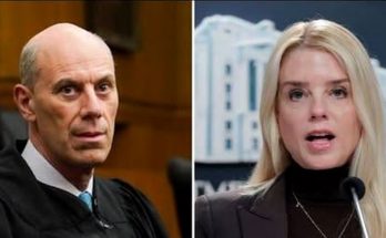 Split image showing a male judge in black judicial robes on the left and a blonde woman