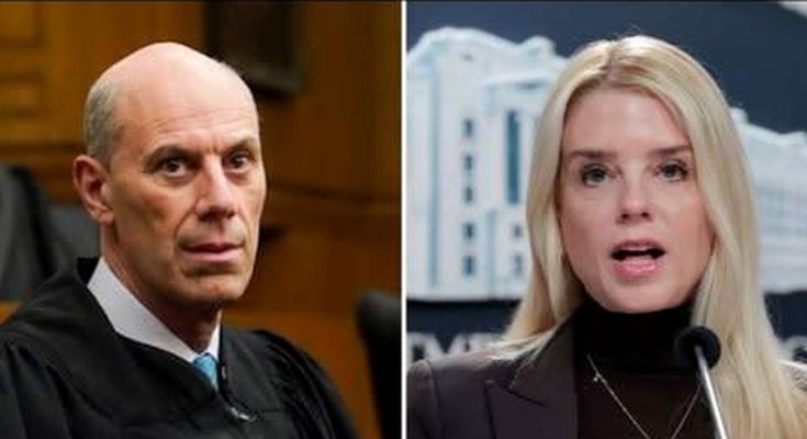 Split image showing a male judge in black judicial robes on the left and a blonde woman