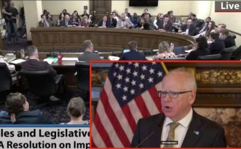 A split-screen image showing a legislative hearing room with people seated at curved