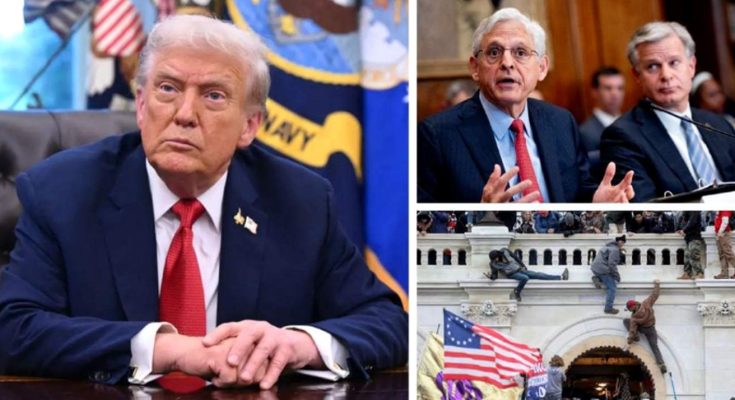 A composite image showing Donald Trump seated at a desk, two men speaking at a hearing