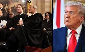 Split image showing Supreme Court justices in black robes seated on the left, and Donald