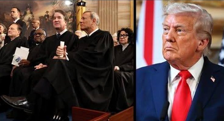 Split image showing Supreme Court justices in black robes seated on the left, and Donald