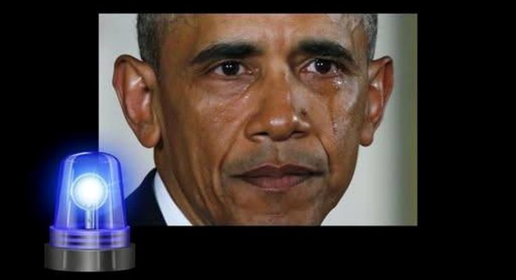 A close-up photograph of Barack Obama with tears visible on his face, positioned below