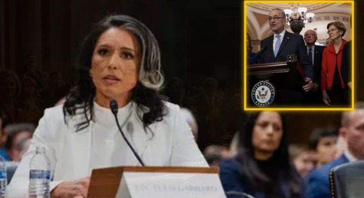 Tulsi Gabbard seated at a hearing table with a microphone, nameplate reading 'TULSI