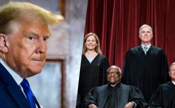 Split image showing Donald Trump on left and four Supreme Court justices in black robes