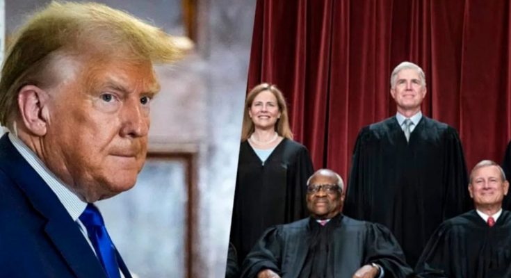Split image showing Donald Trump on left and four Supreme Court justices in black robes