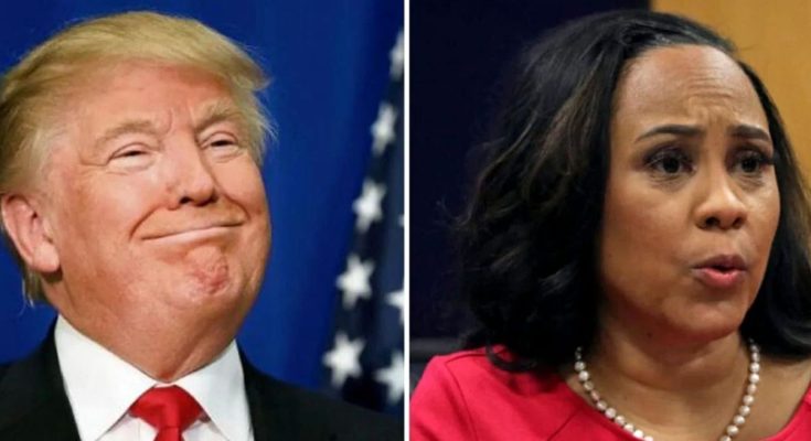 Split image showing Donald Trump smiling on the left and Fani Willis speaking on the