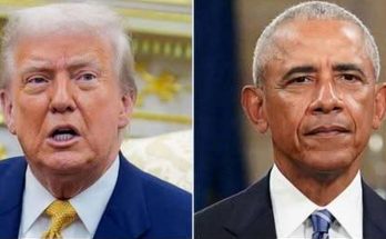 Split image showing Donald Trump on the left in a blue suit with gold tie, and Barack