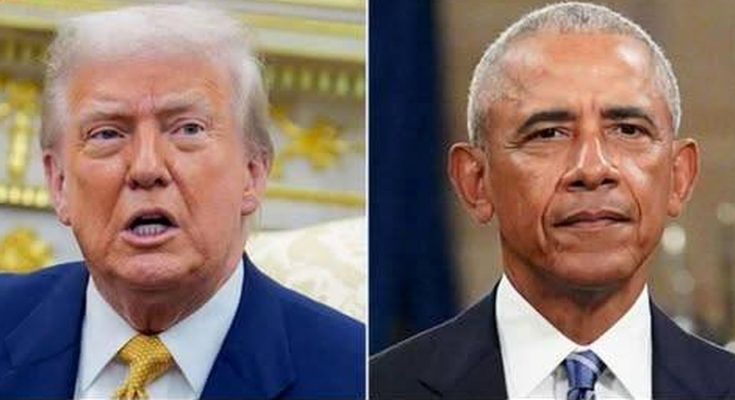 Split image showing Donald Trump on the left in a blue suit with gold tie, and Barack