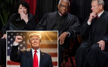 A composite image showing Supreme Court justices in black robes seated together, with an
