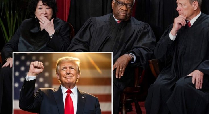 A composite image showing Supreme Court justices in black robes seated together, with an