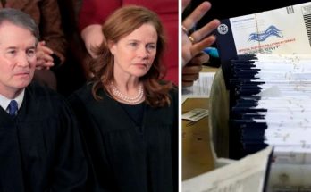 Split image showing two Supreme Court justices in black robes on the left, and a hand