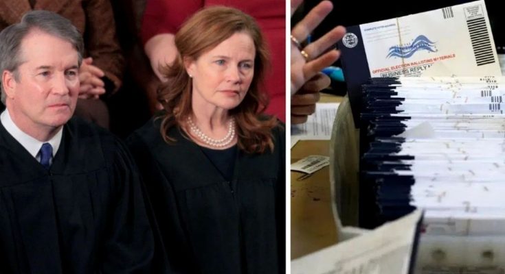 Split image showing two Supreme Court justices in black robes on the left, and a hand