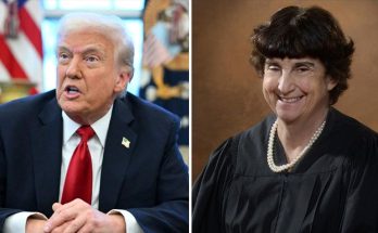 Split image showing Donald Trump in a suit with red tie on the left and a female judge