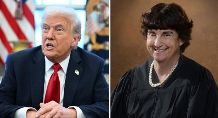 Split image showing Donald Trump in a suit with red tie on the left and a female judge