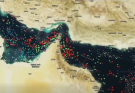 satellite map showing Persian Gulf and Strait of Hormuz with colored vessel tracking
