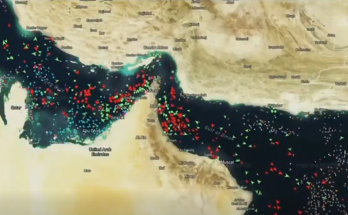 satellite map showing Persian Gulf and Strait of Hormuz with colored vessel tracking
