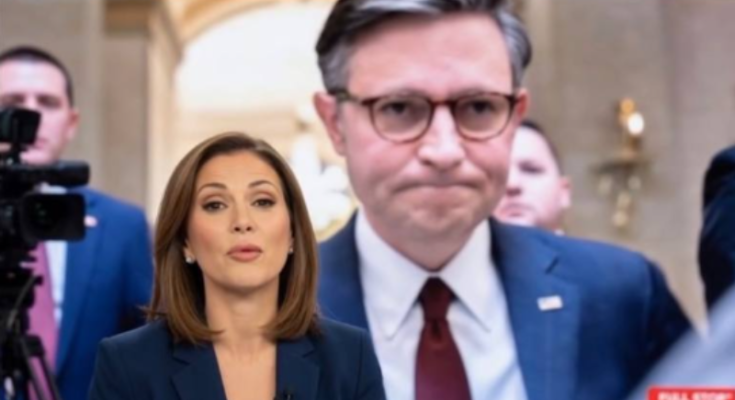 Newsreader reports breaking news with JD Vance on screen