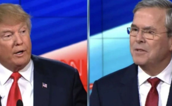 Jeb Bush speaks about Trump in debate split image