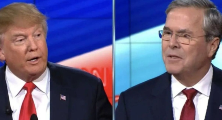 Jeb Bush speaks about Trump in debate split image