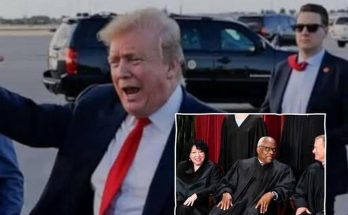 Donald Trump gesturing with his mouth open on an airport tarmac with black SUVs in the