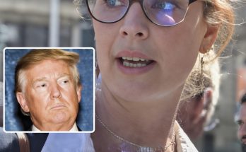 woman with glasses speaks outdoors, Donald Trump inset, city background
