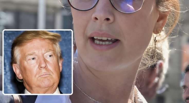 woman with glasses speaks outdoors, Donald Trump inset, city background