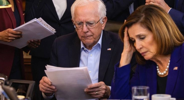 satirical image shows Democratic politicians in tense meeting with text accusing them of