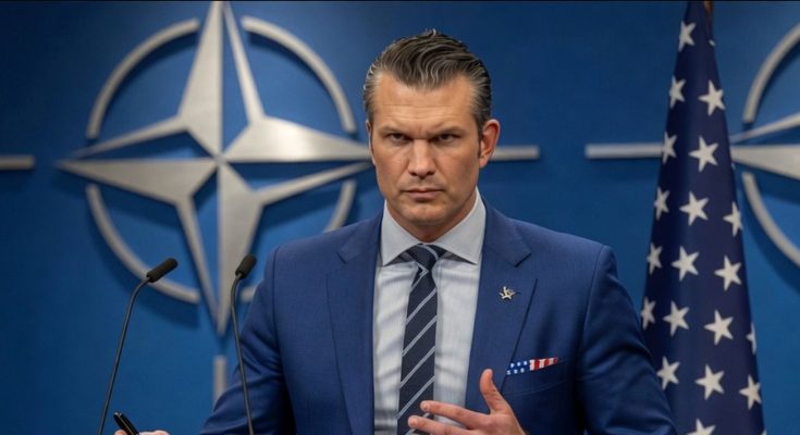 pete Hegseth speaks at NATO podium with breaking news headline about resignation