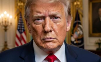serious expression man in suit with flags in background
