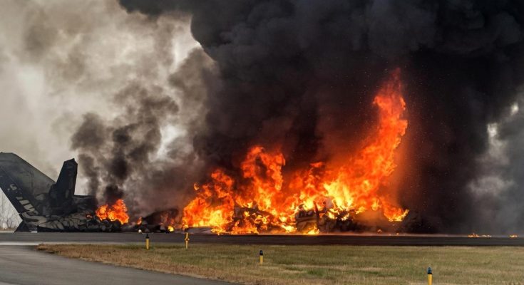 fiery plane crash on runway with thick black smoke