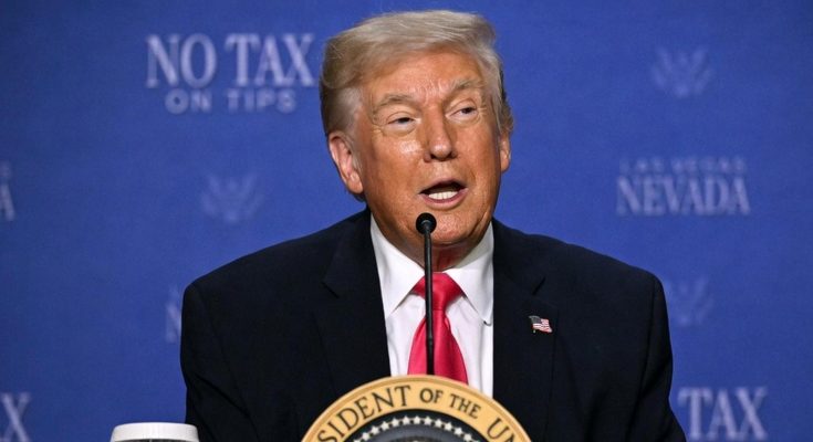 donald Trump speaking at podium with presidential seal, blue backdrop reading NO TAX ON