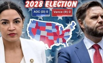 split-screen graphic showing AOC and JD Vance with 2028 election prediction map